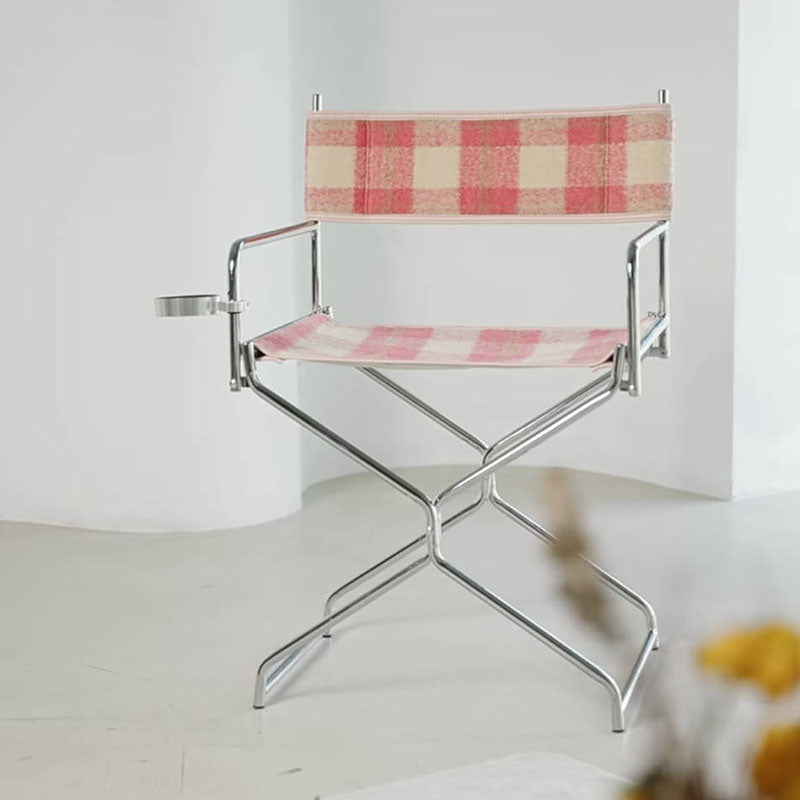 Art Deco Inspired Woven Folding Director’s Chair - Retro Plaid Fabric Portable Accent Chair For Outdoor Patio