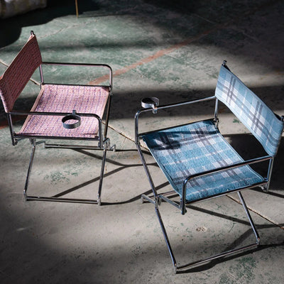 Art Deco Inspired Woven Folding Director’s Chair - Retro Plaid Fabric Portable Accent Chair For Outdoor Patio