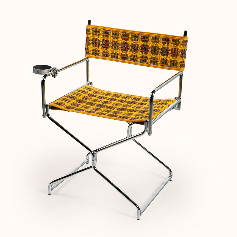 Art Deco-inspirierter geflochtener faltbarer Regiestuhl - Retro-Karo-Stoff tragbarer Akzentstuhl für die Terrasse im Freien 