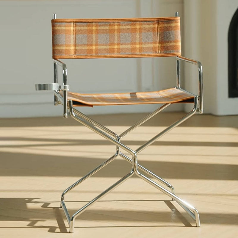 Art Deco Inspired Woven Folding Director’s Chair - Retro Plaid Fabric Portable Accent Chair For Outdoor Patio