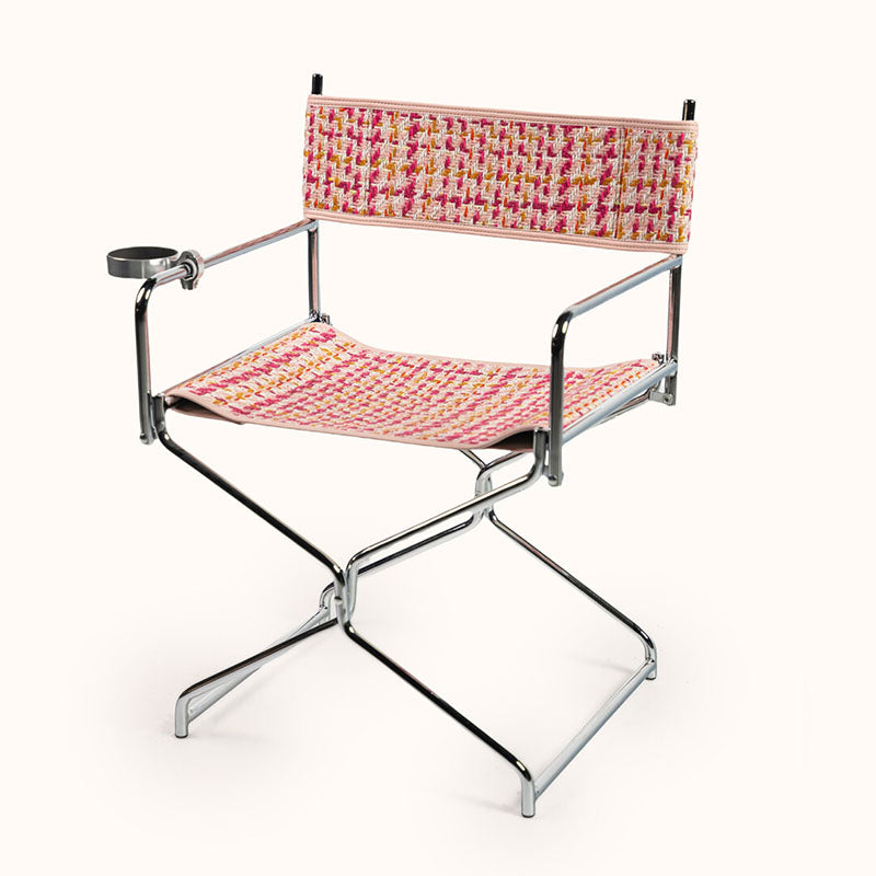 Art Deco-inspirierter geflochtener faltbarer Regiestuhl - Retro-Karo-Stoff tragbarer Akzentstuhl für die Terrasse im Freien 