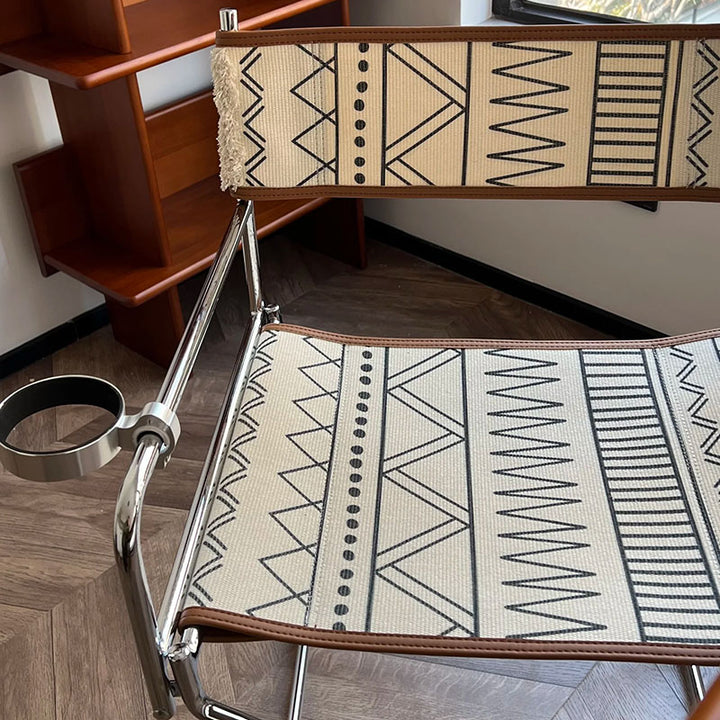 Bohemian Woven Folding Director’s Chair - Handmade Tribal Blanket Fabric &amp; Chrome Frame Accent Chair For Outdoor Patio