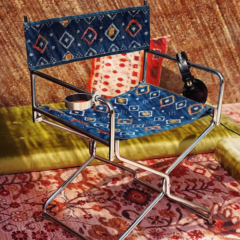 Bohemian Woven Folding Director’s Chair - Handmade Tribal Blanket Fabric &amp; Chrome Frame Accent Chair For Outdoor Patio