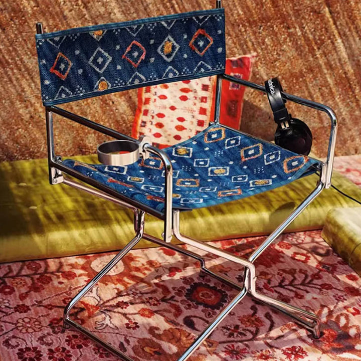 Bohemian Woven Folding Director’s Chair - Handmade Tribal Blanket Fabric &amp; Chrome Frame Accent Chair For Outdoor Patio