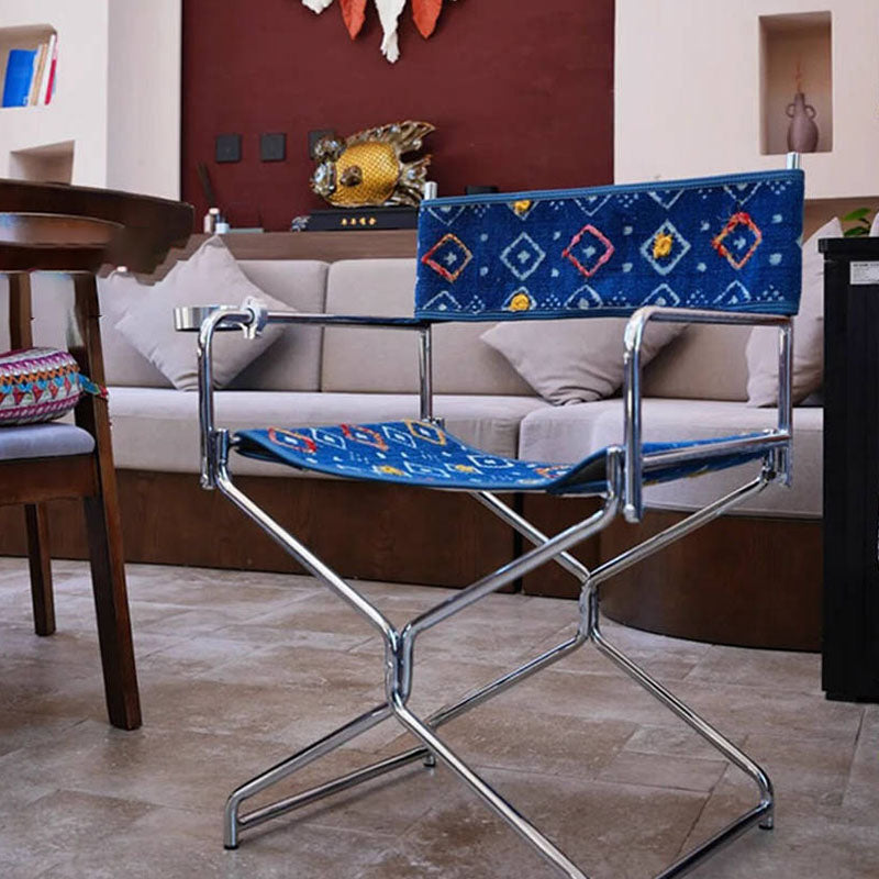 Bohemian Woven Folding Director’s Chair - Handmade Tribal Blanket Fabric &amp; Chrome Frame Accent Chair For Outdoor Patio