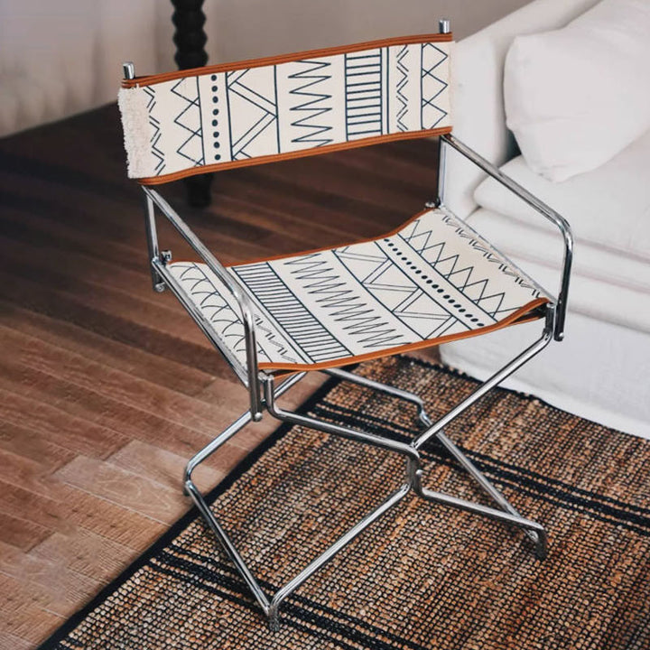 Bohemian Woven Folding Director’s Chair - Handmade Tribal Blanket Fabric &amp; Chrome Frame Accent Chair For Outdoor Patio