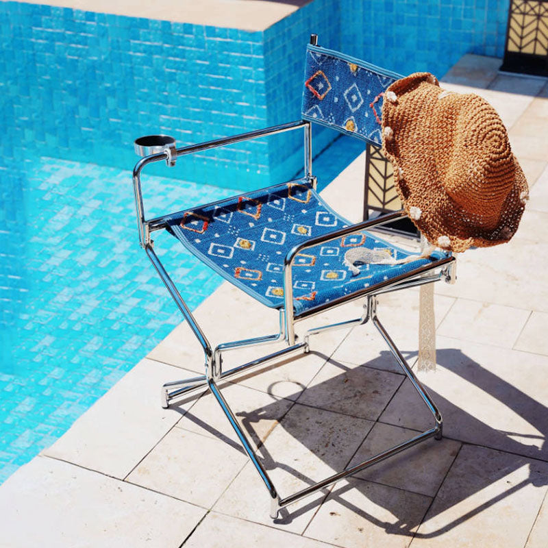 Bohemian Woven Folding Director’s Chair - Handmade Tribal Blanket Fabric & Chrome Frame Accent Chair For Outdoor Patio