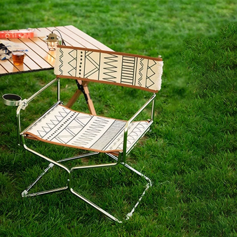 Bohemian Woven Folding Director’s Chair - Handmade Tribal Blanket Fabric &amp; Chrome Frame Accent Chair For Outdoor Patio