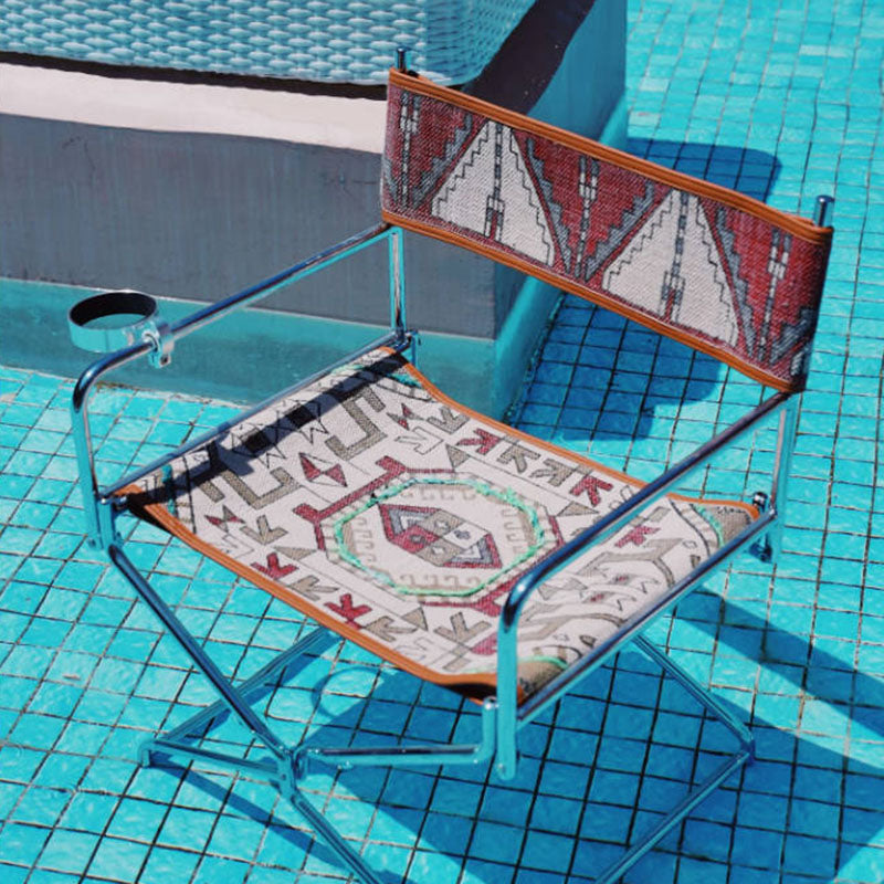 Bohemian Woven Folding Director’s Chair - Handmade Tribal Blanket Fabric &amp; Chrome Frame Accent Chair For Outdoor Patio