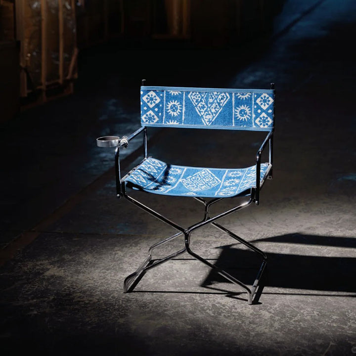 Bohemian Woven Folding Director’s Chair - Handmade Tribal Blanket Fabric &amp; Chrome Frame Accent Chair For Outdoor Patio