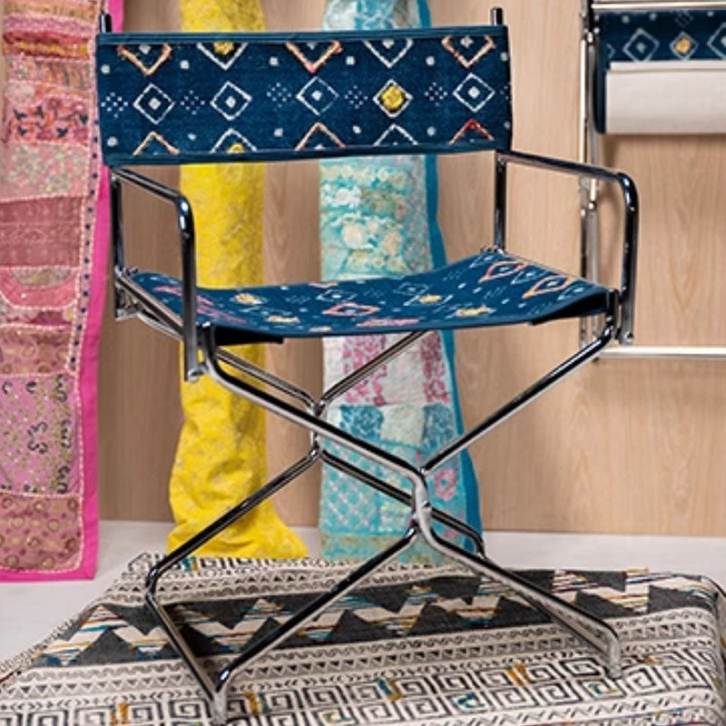 Bohemian Woven Folding Director’s Chair - Handmade Tribal Blanket Fabric &amp; Chrome Frame Accent Chair For Outdoor Patio