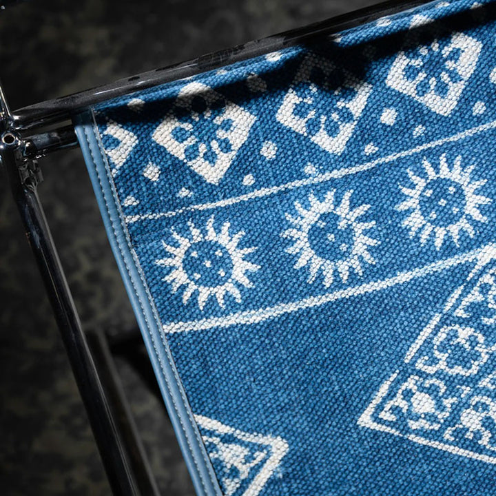 Bohemian Woven Folding Director’s Chair - Handmade Tribal Blanket Fabric &amp; Chrome Frame Accent Chair For Outdoor Patio