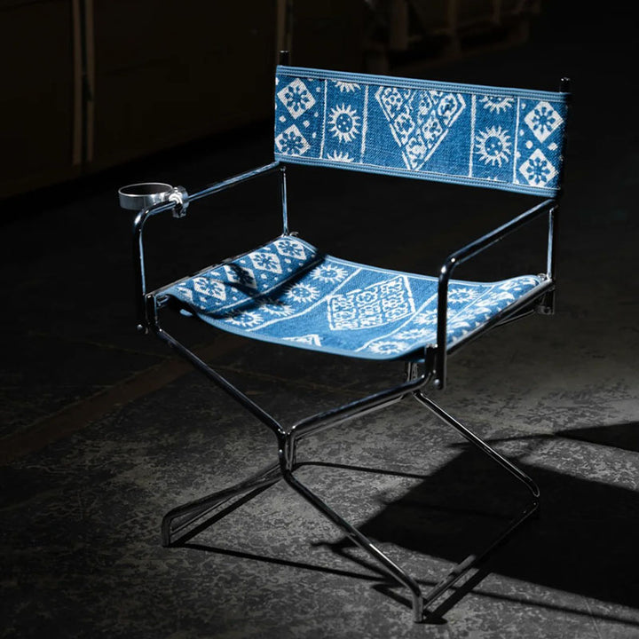 Bohemian Woven Folding Director’s Chair - Handmade Tribal Blanket Fabric &amp; Chrome Frame Accent Chair For Outdoor Patio