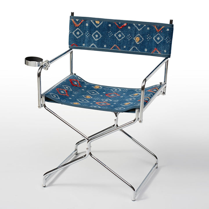 Bohemian Woven Folding Director’s Chair - Handmade Tribal Blanket Fabric &amp; Chrome Frame Accent Chair For Outdoor Patio