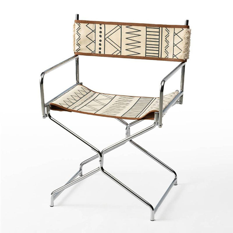 Bohemian Woven Folding Director’s Chair - Handmade Tribal Blanket Fabric &amp; Chrome Frame Accent Chair For Outdoor Patio