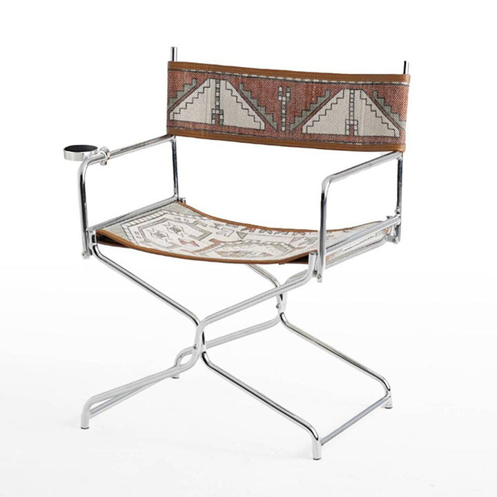 Bohemian Woven Folding Director’s Chair - Handmade Tribal Blanket Fabric &amp; Chrome Frame Accent Chair For Outdoor Patio