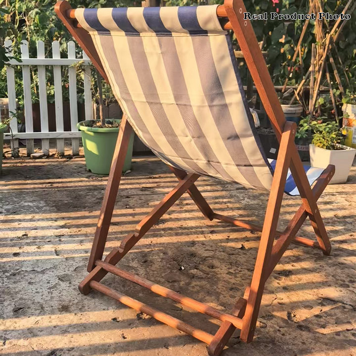 Moderner minimalistischer klappbarer Liegestuhl aus Merbau-Holz mit Oxford-Gewebe und Baumwoll-Leinen-Mischung, rechteckig, mit 3-fach verstellbarer Rückenlehne für den Outdoor-Gartenbereich 