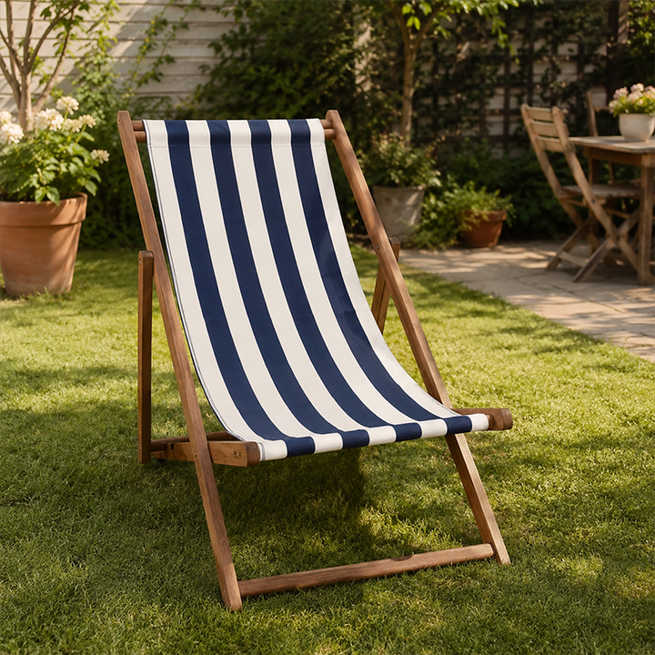 Modern Minimalist Merbau Wood Oxford Fabric Cotton-linen Blend Rectangular Folding Lounge Chair Recliner With 3-Position Adjustable Backrest For Outdoor Garden