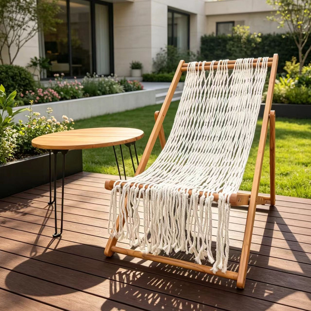 Moderner minimalistischer klappbarer Liegestuhl aus Merbau-Holz mit Oxford-Gewebe und Baumwoll-Leinen-Mischung, rechteckig, mit 3-fach verstellbarer Rückenlehne für den Outdoor-Gartenbereich 