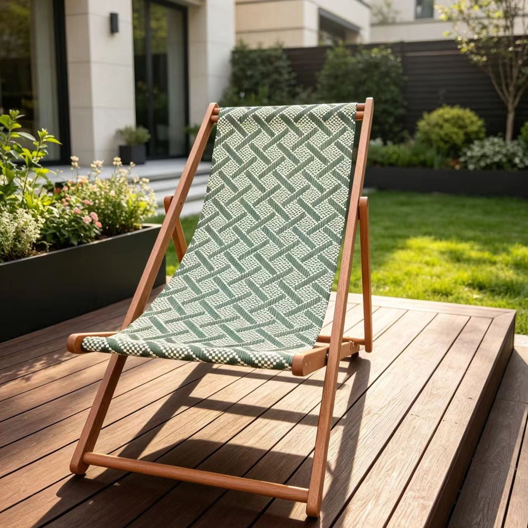 Moderner minimalistischer klappbarer Liegestuhl aus Merbau-Holz mit Oxford-Gewebe und Baumwoll-Leinen-Mischung, rechteckig, mit 3-fach verstellbarer Rückenlehne für den Outdoor-Gartenbereich 