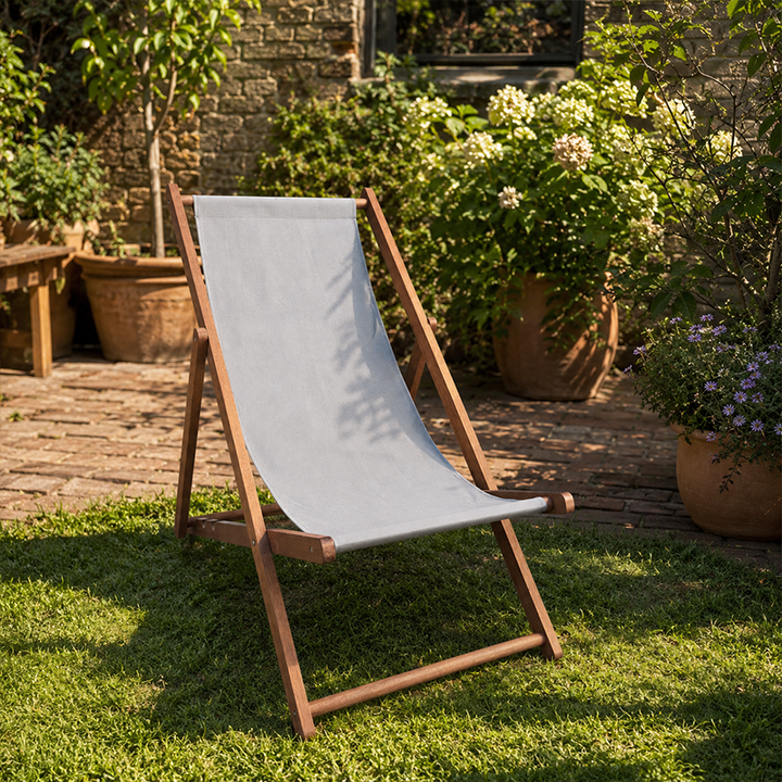Modern Minimalist Merbau Wood Oxford Fabric Cotton-linen Blend Rectangular Folding Lounge Chair Recliner With 3-Position Adjustable Backrest For Outdoor Garden