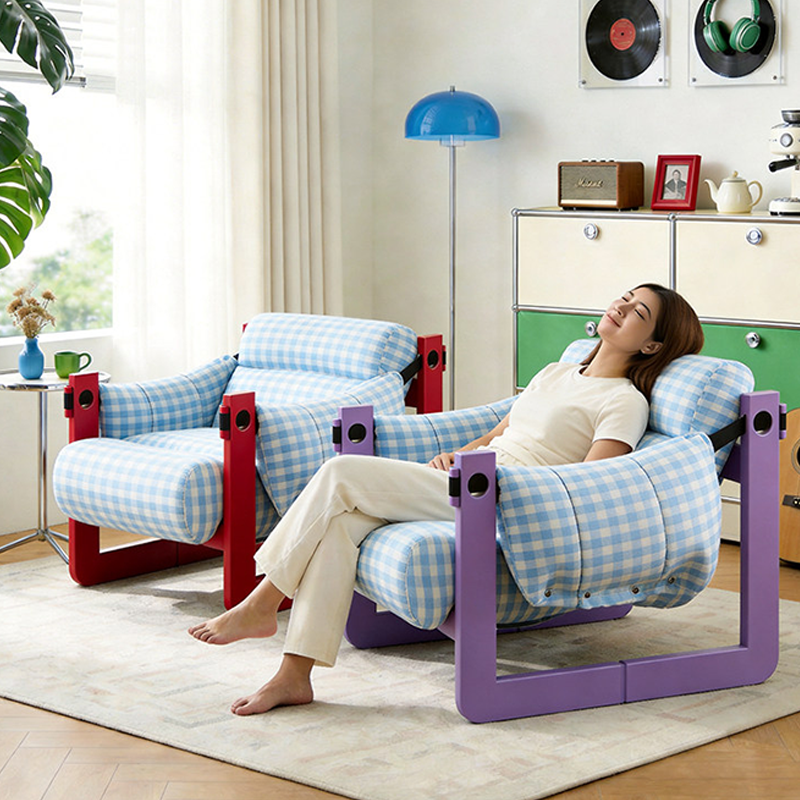 Dopamine Frame Blue Gingham Lounge Chair - Plush Ash Wood Accent Chair For Living Room