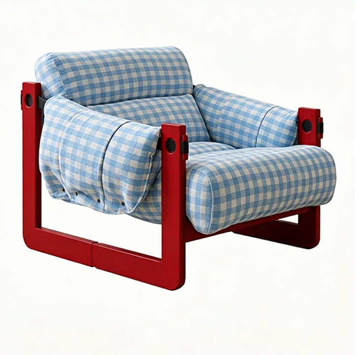 Dopamine Frame Blue Gingham Lounge Chair - Plush Ash Wood Accent Chair For Living Room