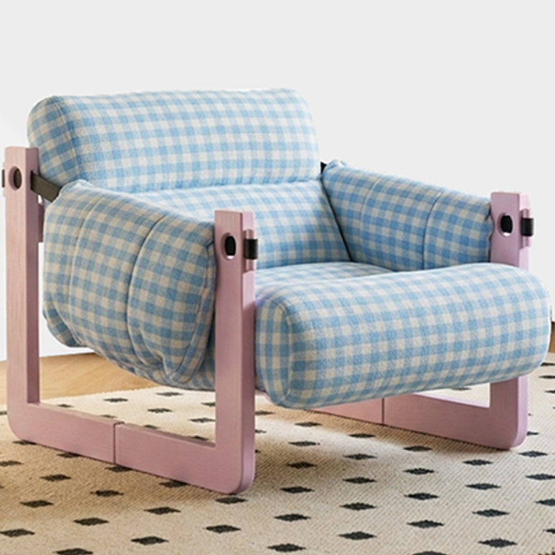 Dopamine Frame Blue Gingham Lounge Chair - Plush Ash Wood Accent Chair For Living Room