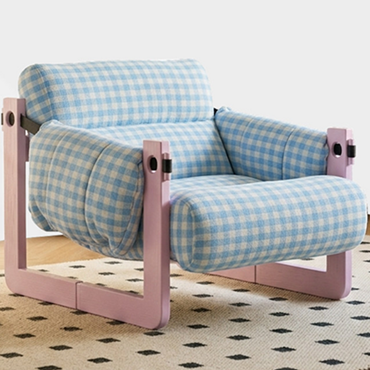 Dopamine Frame Blue Gingham Lounge Chair - Plush Ash Wood Accent Chair For Living Room