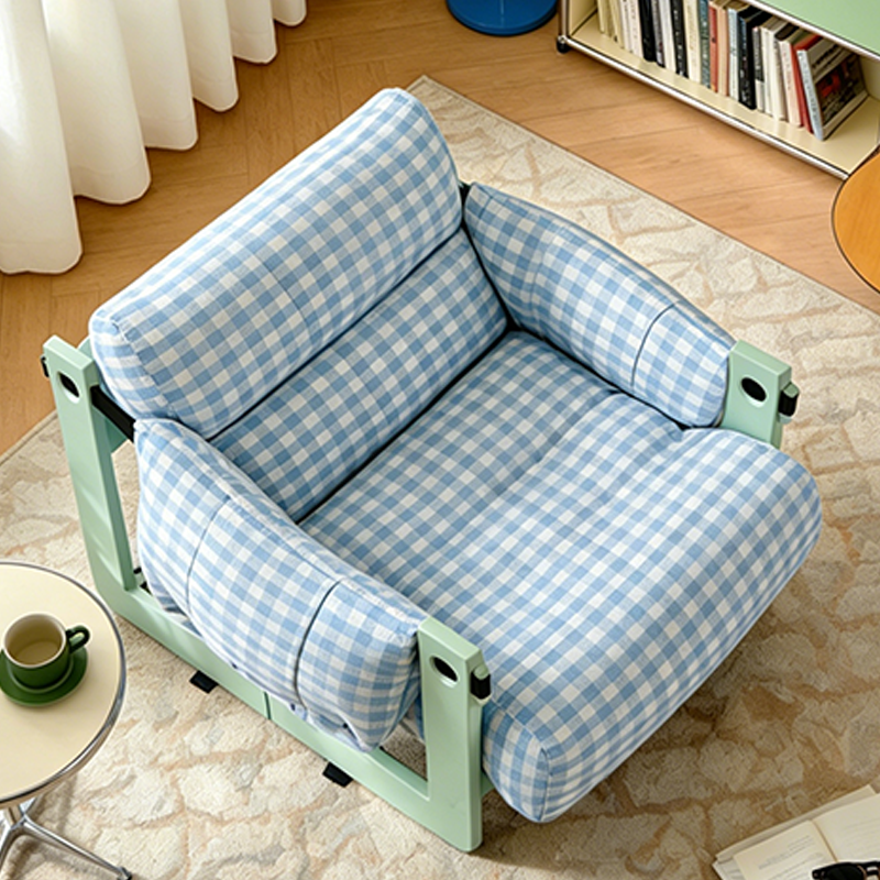 Dopamine Frame Blue Gingham Lounge Chair - Plush Ash Wood Accent Chair For Living Room