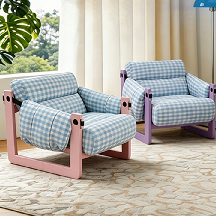 Dopamine Frame Blue Gingham Lounge Chair - Plush Ash Wood Accent Chair For Living Room