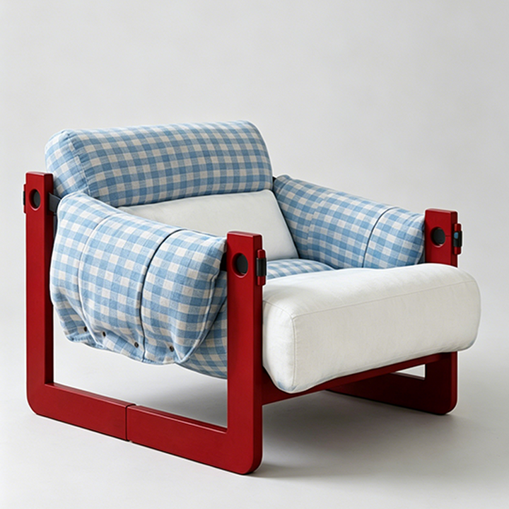 Dopamine Frame Blue Gingham Lounge Chair - Plush Ash Wood Accent Chair For Living Room