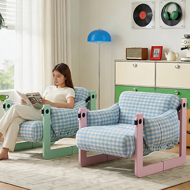 Dopamine Frame Blue Gingham Lounge Chair - Plush Ash Wood Accent Chair For Living Room