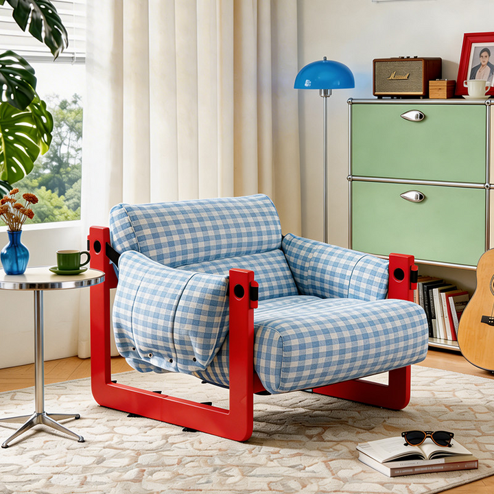 Dopamine Frame Blue Gingham Lounge Chair - Plush Ash Wood Accent Chair For Living Room