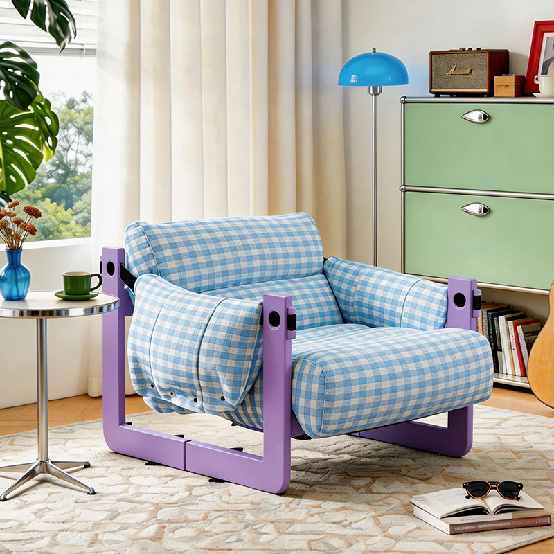 Dopamine Frame Blue Gingham Lounge Chair - Plush Ash Wood Accent Chair For Living Room