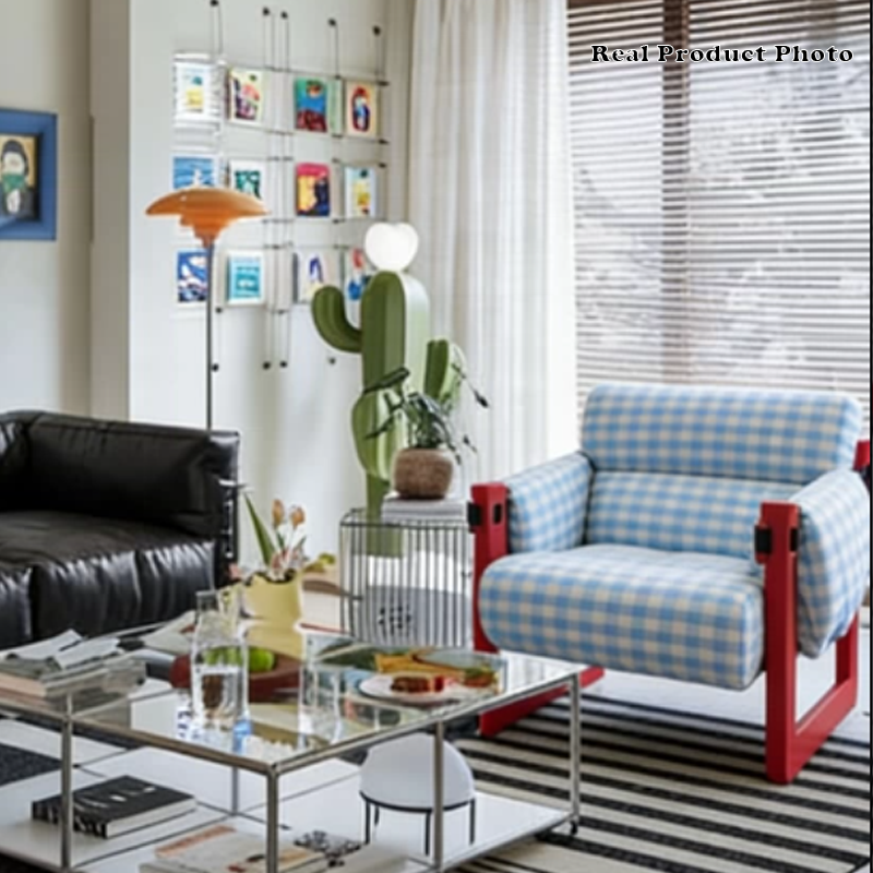 Dopamine Frame Blue Gingham Lounge Chair - Plush Ash Wood Accent Chair For Living Room