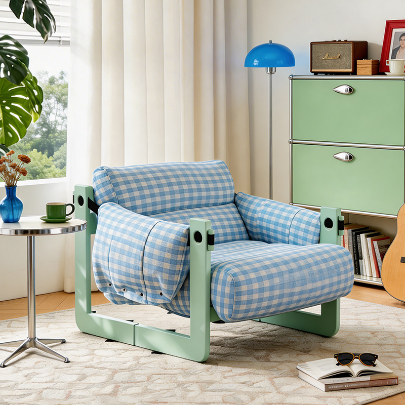 Dopamine Frame Blue Gingham Lounge Chair - Plush Ash Wood Accent Chair For Living Room