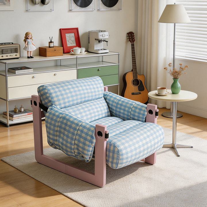 Dopamine Frame Blue Gingham Lounge Chair - Plush Ash Wood Accent Chair For Living Room