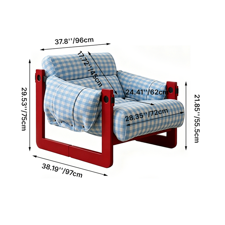 Dopamine Frame Blue Gingham Lounge Chair - Plush Ash Wood Accent Chair For Living Room