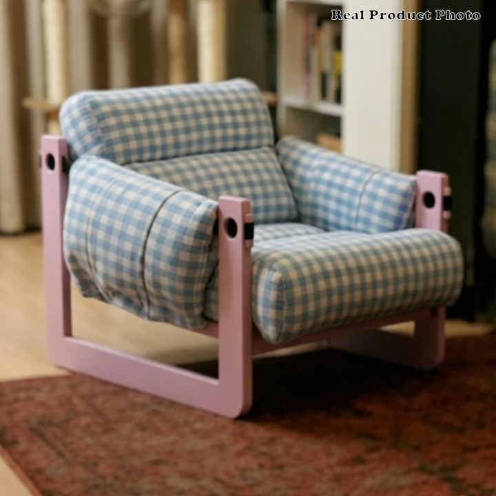 Dopamine Frame Blue Gingham Lounge Chair - Plush Ash Wood Accent Chair For Living Room