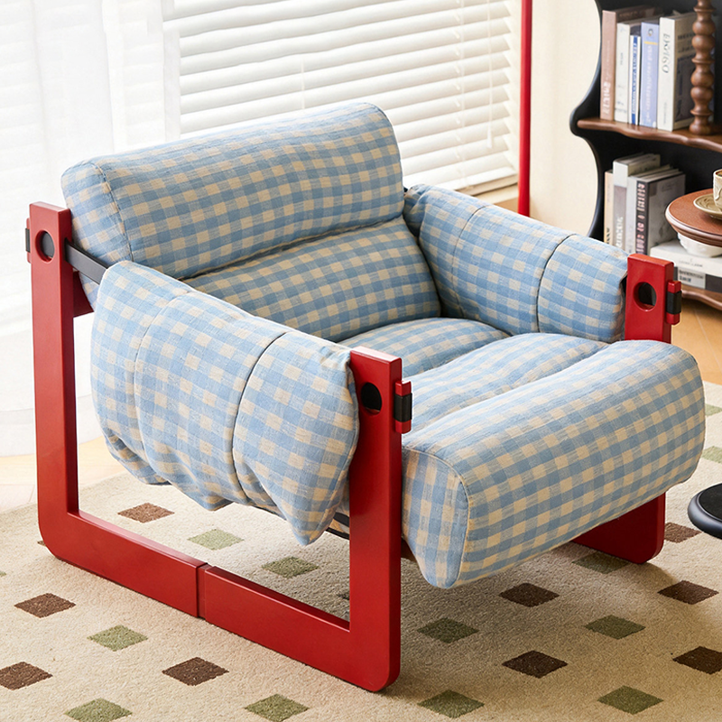 Dopamine Frame Blue Gingham Lounge Chair - Plush Ash Wood Accent Chair For Living Room