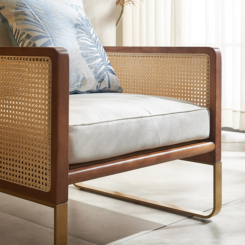 Traditional Japanese Square White Ash Wood Solid Wood Indonesian Rattan Linen-Cotton Blend Fabric Stainless Steel Backrest Armrest Accent Chair For Living Room