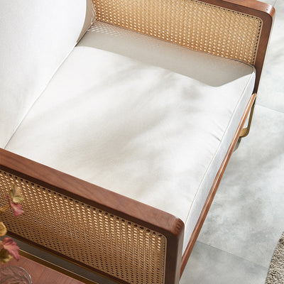 Traditional Japanese Square White Ash Wood Solid Wood Indonesian Rattan Linen-Cotton Blend Fabric Stainless Steel Backrest Armrest Accent Chair For Living Room