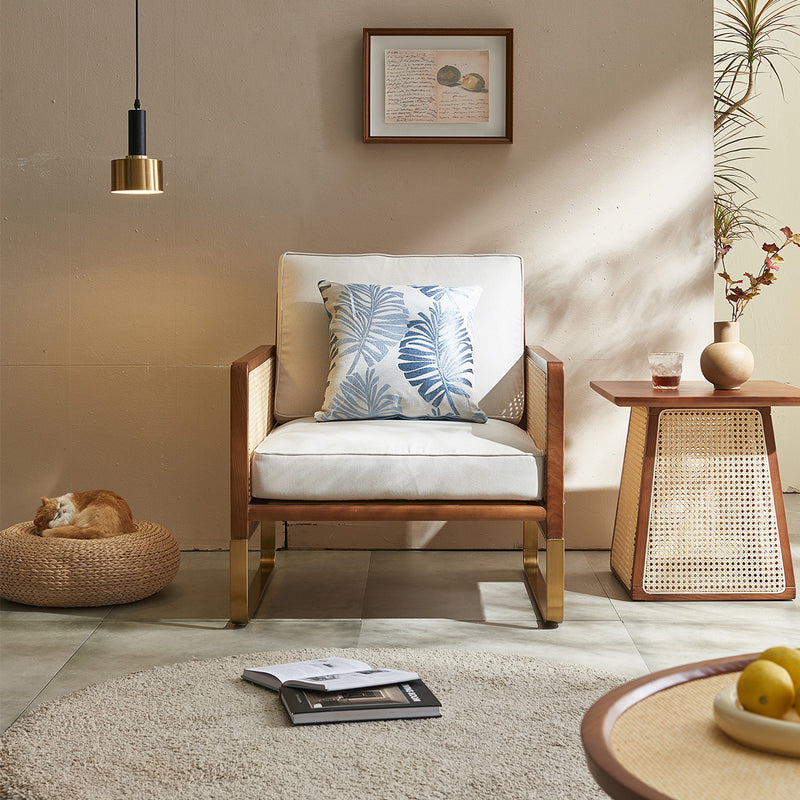 Traditional Japanese Square White Ash Wood Solid Wood Indonesian Rattan Linen-Cotton Blend Fabric Stainless Steel Backrest Armrest Accent Chair For Living Room