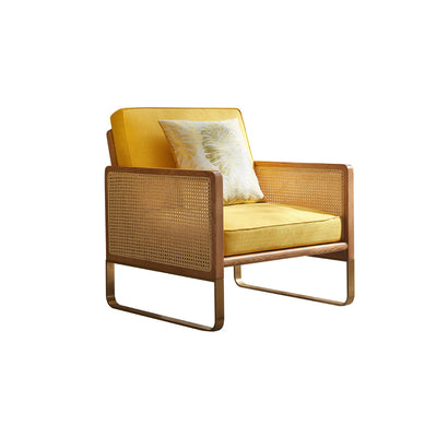 Traditional Japanese Square White Ash Wood Solid Wood Indonesian Rattan Linen-Cotton Blend Fabric Stainless Steel Backrest Armrest Accent Chair For Living Room