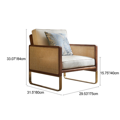 Traditional Japanese Square White Ash Wood Solid Wood Indonesian Rattan Linen-Cotton Blend Fabric Stainless Steel Backrest Armrest Accent Chair For Living Room