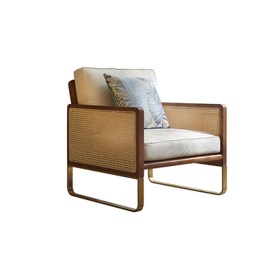 Traditional Japanese Square White Ash Wood Solid Wood Indonesian Rattan Linen-Cotton Blend Fabric Stainless Steel Backrest Armrest Accent Chair For Living Room