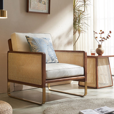 Traditional Japanese Square White Ash Wood Solid Wood Indonesian Rattan Linen-Cotton Blend Fabric Stainless Steel Backrest Armrest Accent Chair For Living Room