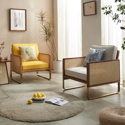 Traditional Japanese Square White Ash Wood Solid Wood Indonesian Rattan Linen-Cotton Blend Fabric Stainless Steel Backrest Armrest Accent Chair For Living Room