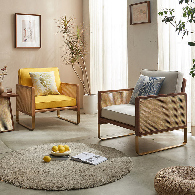 Traditional Japanese Square White Ash Wood Solid Wood Indonesian Rattan Linen-Cotton Blend Fabric Stainless Steel Backrest Armrest Accent Chair For Living Room